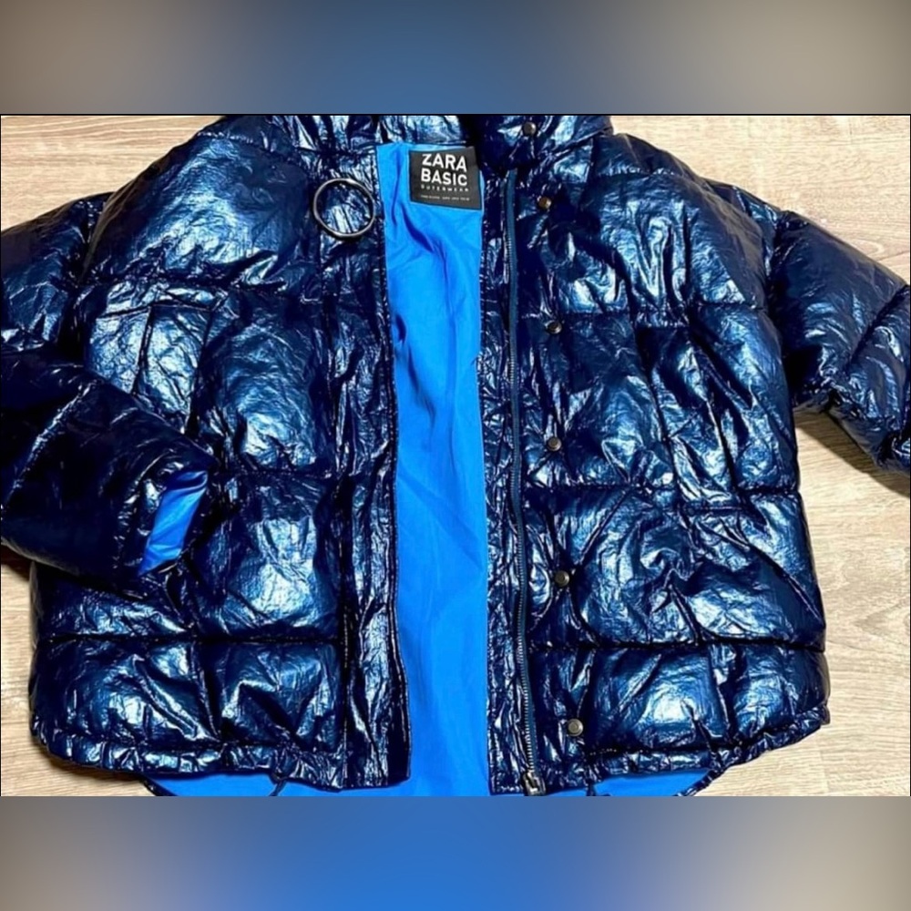 Zara Blue Metallic Puffer Coat